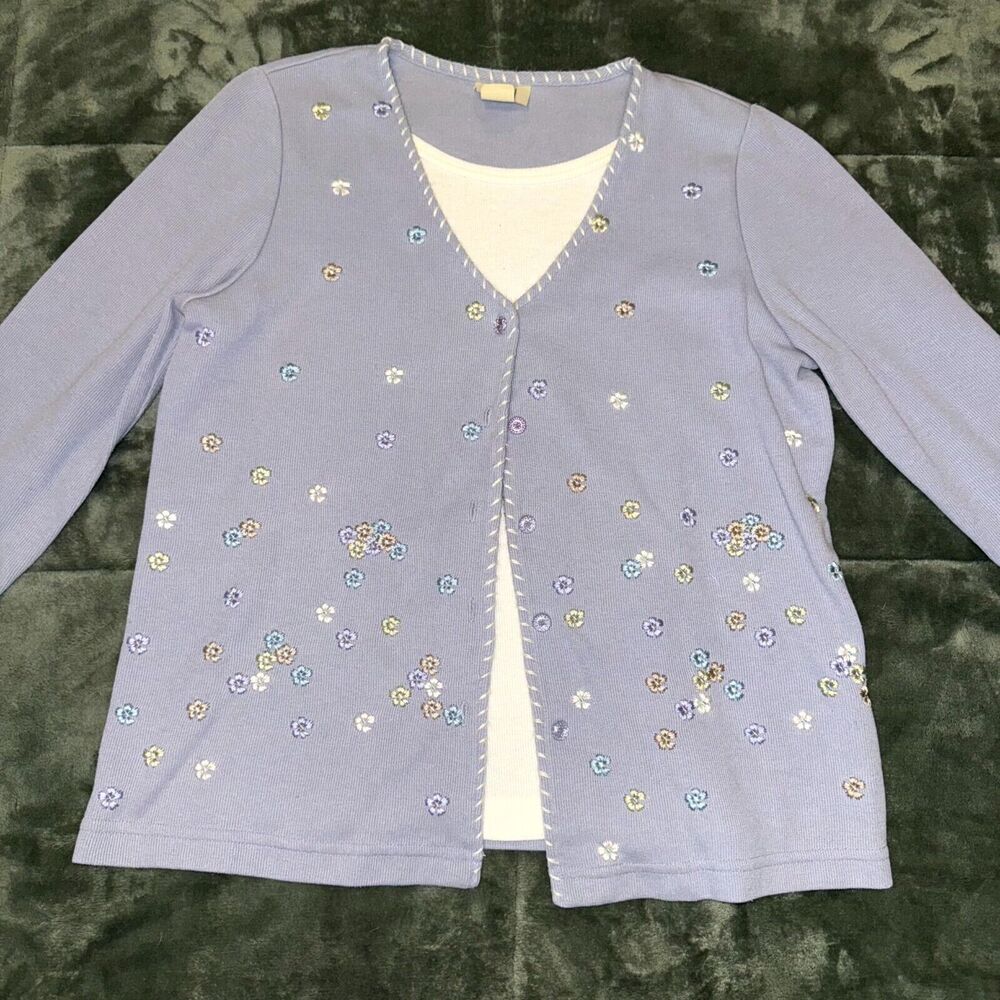 Vintage Teddi Cardigan Shirt Women’s Small Purple Floral Embroidered Long Sleeve